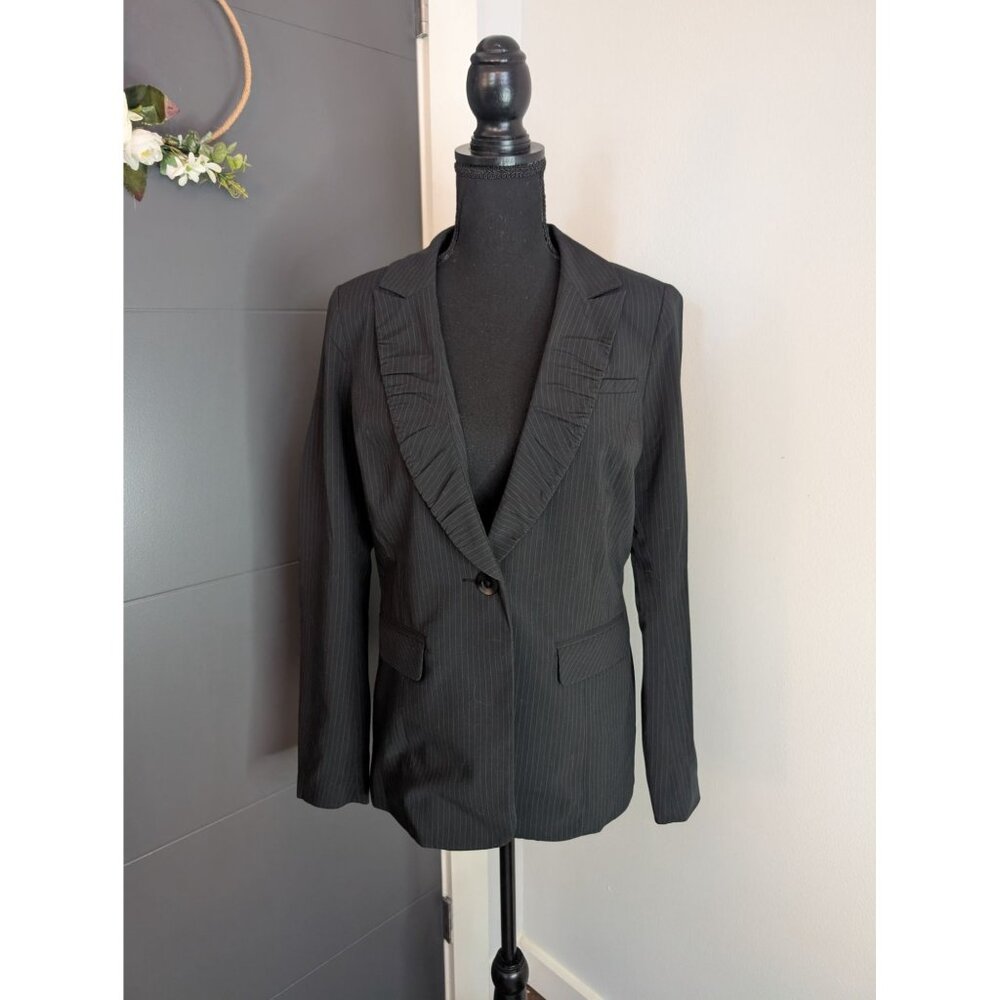 Cabi Pinstripe Ruched Collar Fitted Blazer - Black and Tan - Style 601 - 6